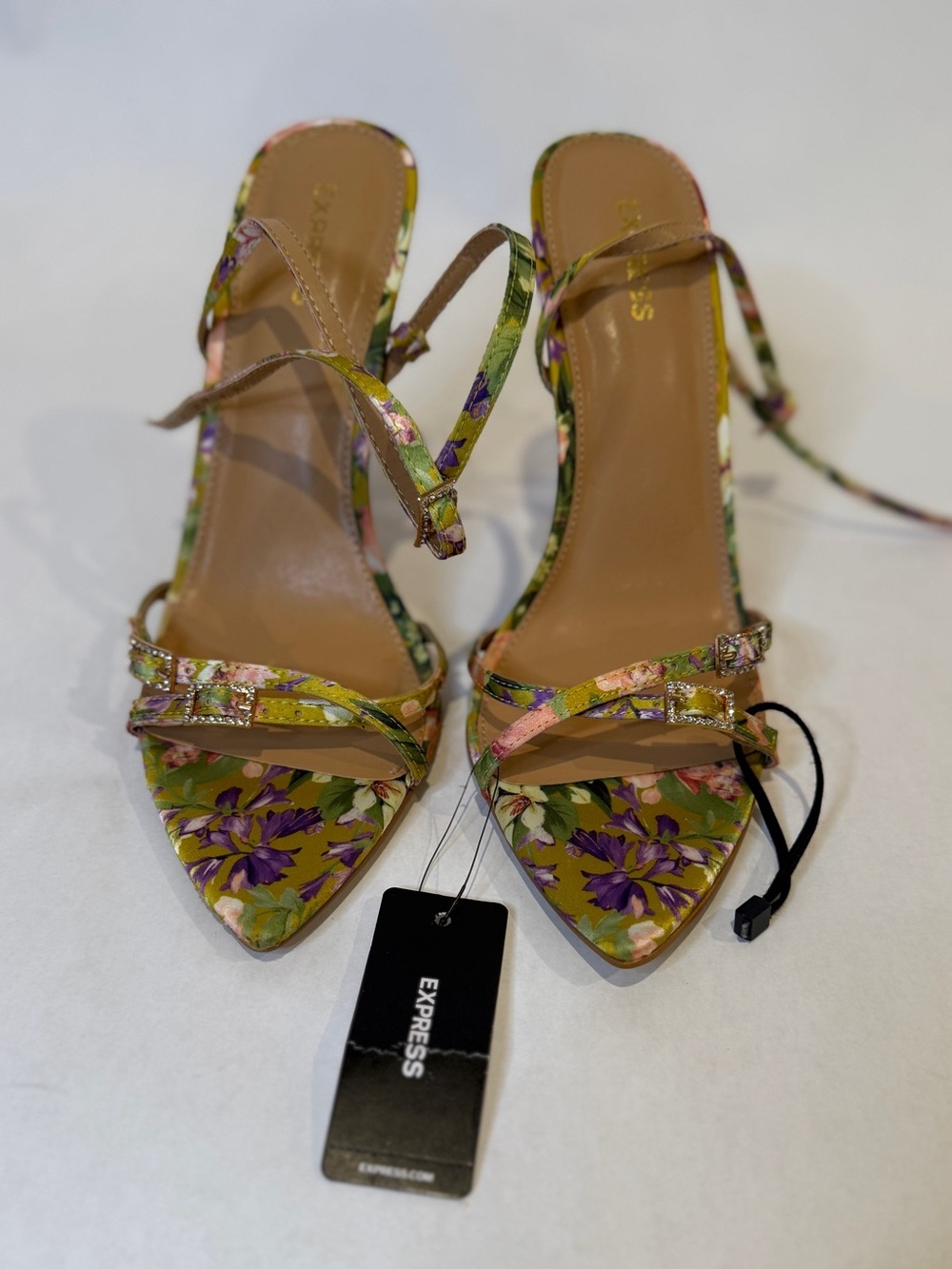 Express Floral Strappy Pointed-Toe Heels in Green and Purple